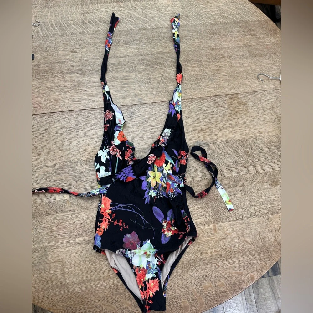 Anthropologie Allihop Ruffle Floral Halter Ruching Tie Waist One-Piece Swimsuit - Picture 8 of 16